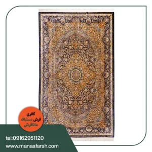 فرش 6 متری تمام ابریشم زمینه سرمه ای قم