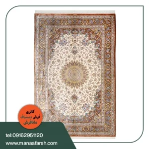 فرش دستباف قم ۶ متری تمام ابریشم طرح لچک ترنج